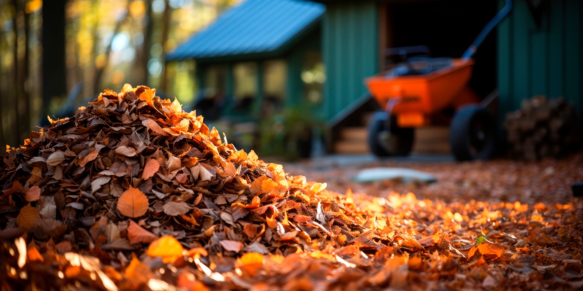 Ein Haufen Herbstlaub im Garten, im Hintergrund ein Gebäude in Bautzen