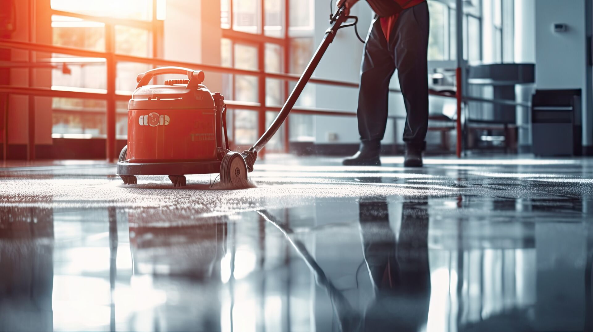 Eine Person reinigt mit einer Maschine einen glänzenden Boden in einem hellen Büro